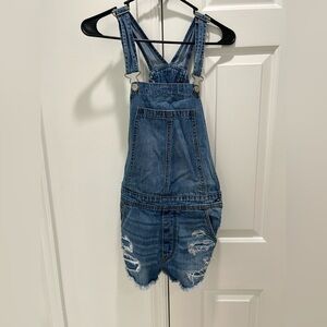 American Eagle Outfitters Distressed Denim Short Overalls - Blue